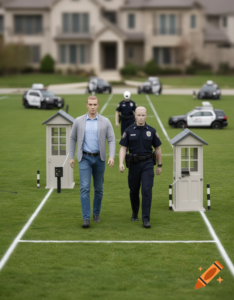 Two lifelike mannequins, one in a grey jacket and jeans, the other in a police uniform, walk on a green lawn with white lines. Fake police cars and small guard houses are visible in the blurred background of a large house.