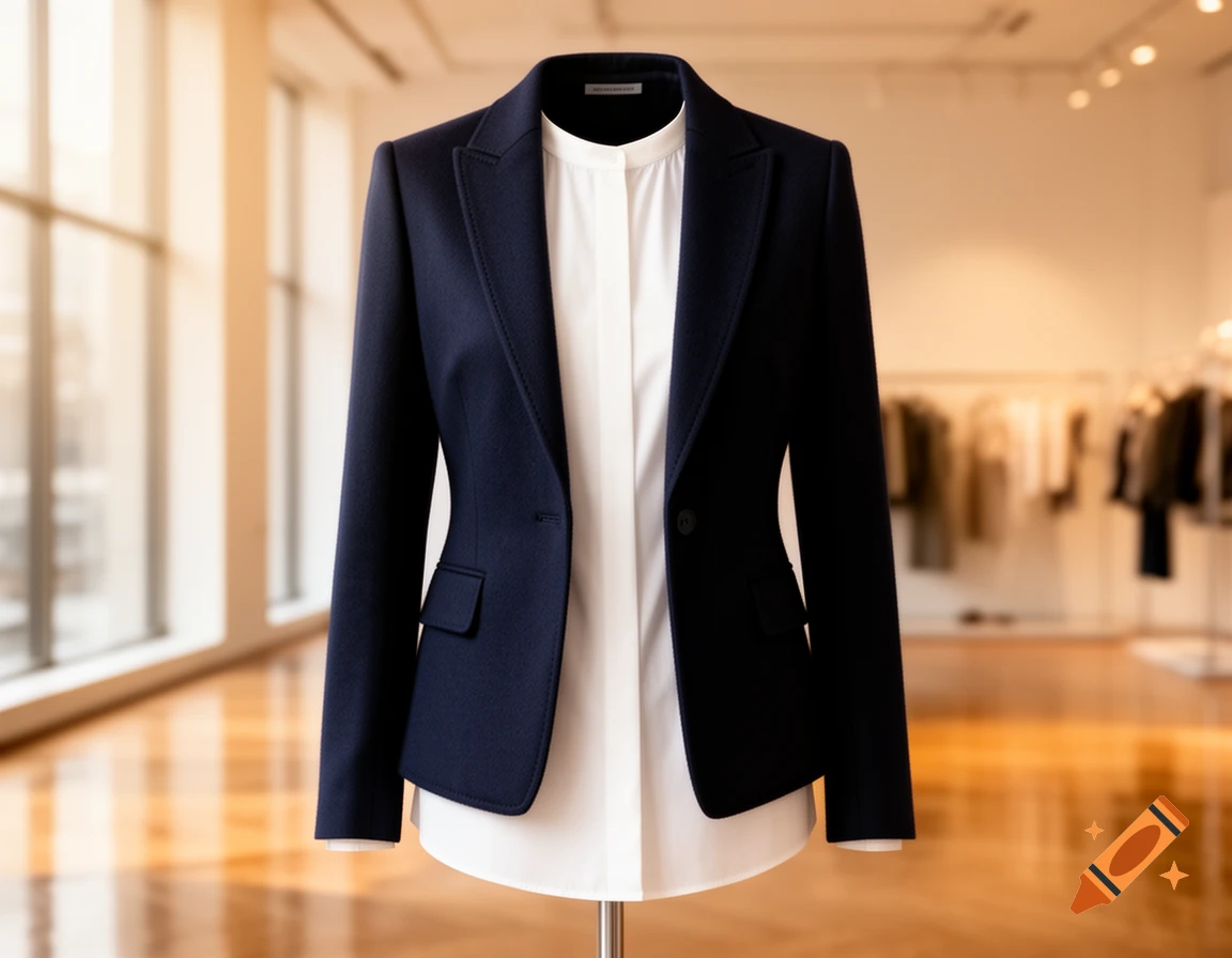 A dark blue blazer over a white high-collared shirt on a mannequin in a brightly lit clothing store.