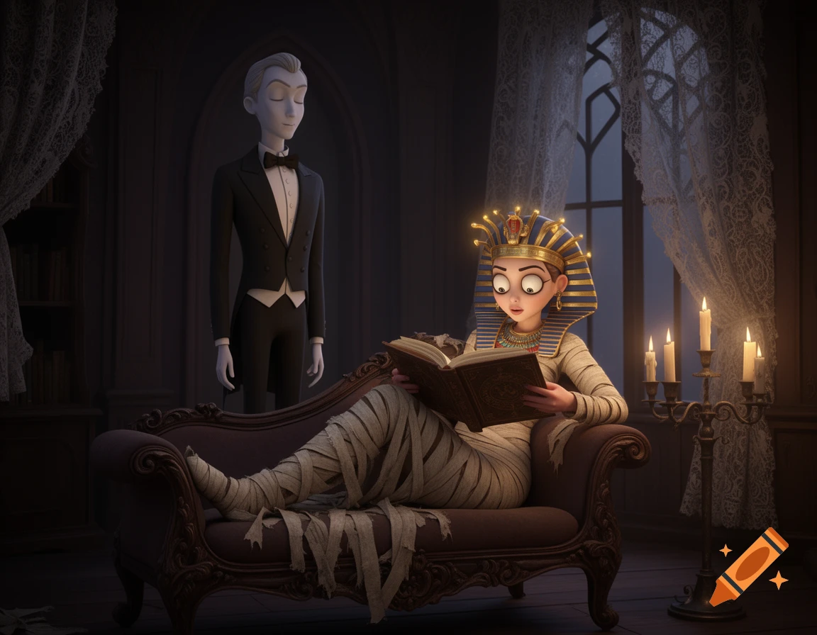 A Burtonesque 3D animation still of a mummy queen reading on a Victorian loveseat while a pale butler stands behind her.