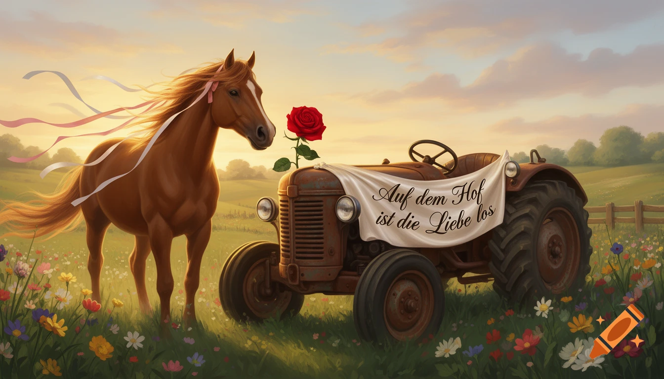 A brown horse with ribbons in its mane stands next to an old rusty tractor adorned with a red rose and a banner in a field of wildflowers at sunset.