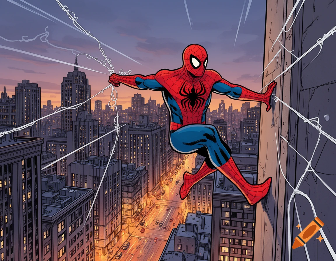 Spider-Man swings between city buildings at sunset, with white web patterns on his red and blue suit.