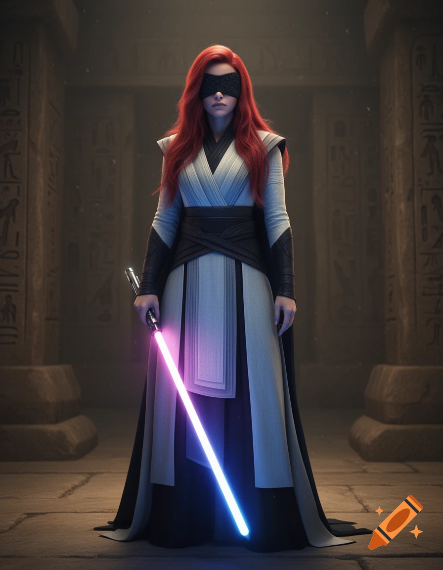 A blindfolded woman with long red hair and a black, white, and blue robe stands in a dark temple holding a purple and blue lightsaber.