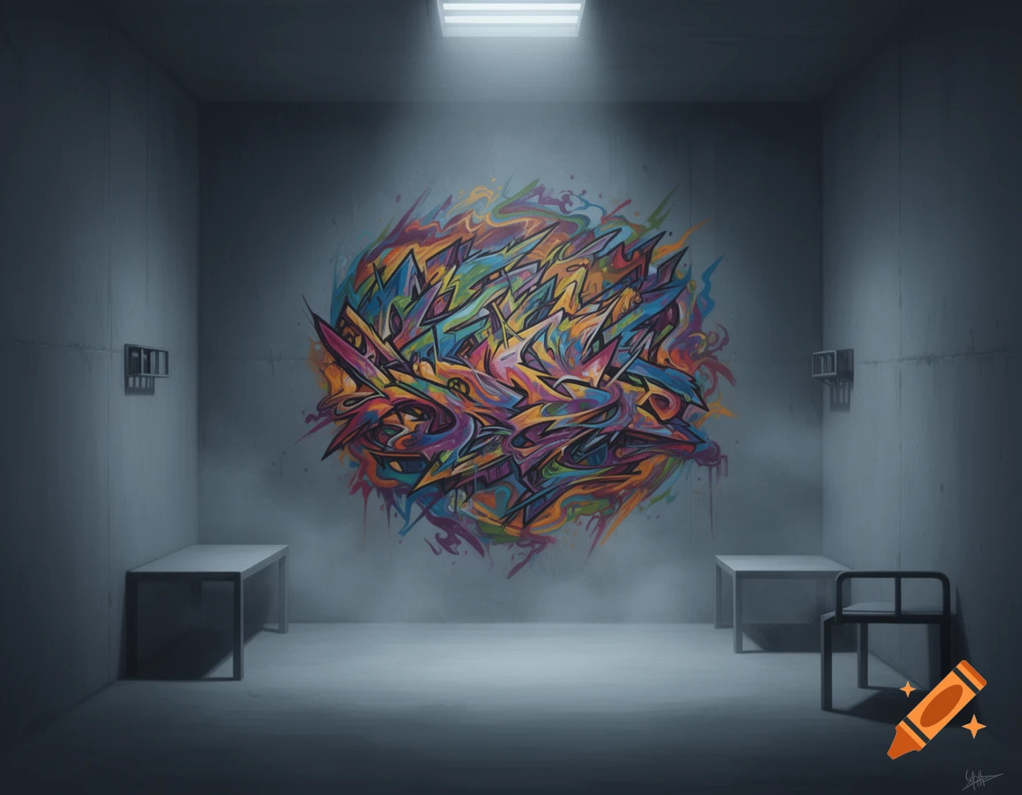 Vibrant, abstract graffiti mural adorns the back wall of a dimly lit modern prison cell with two tables and a chair.