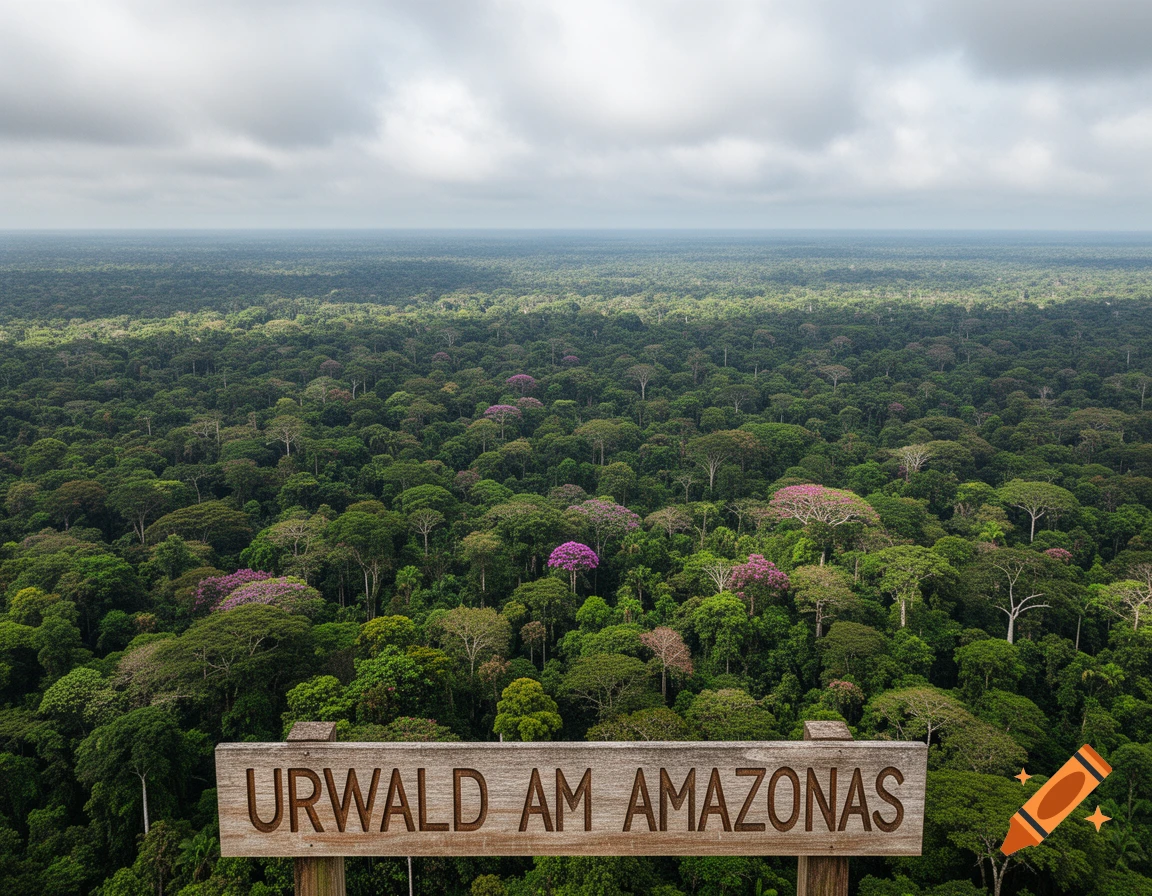 A vast, dense Amazon rainforest stretches to the horizon under a cloudy sky, with a wooden sign in the foreground reading 'URWALD AM AMAZONAS'.