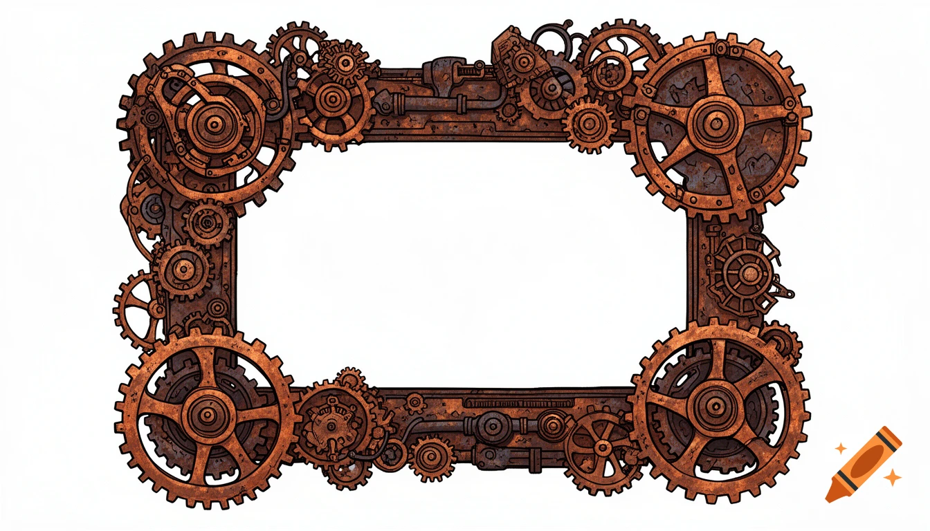 Steampunk frame made of copper and rusty iron gears and pipes, with bold dark outlines and a white blank center.