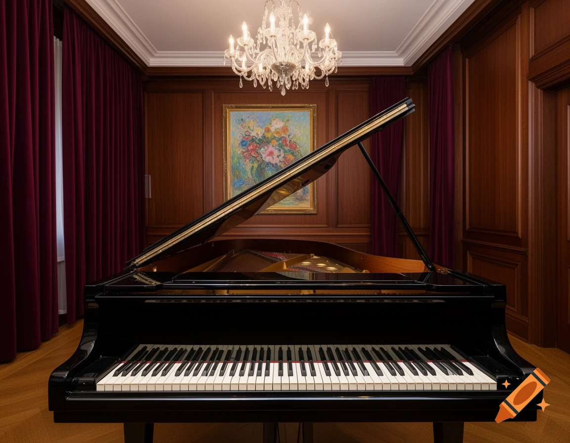A grand piano with its lid open in a lavish room with wood-paneled walls, red velvet curtains, and a crystal chandelier. Photorealistic.