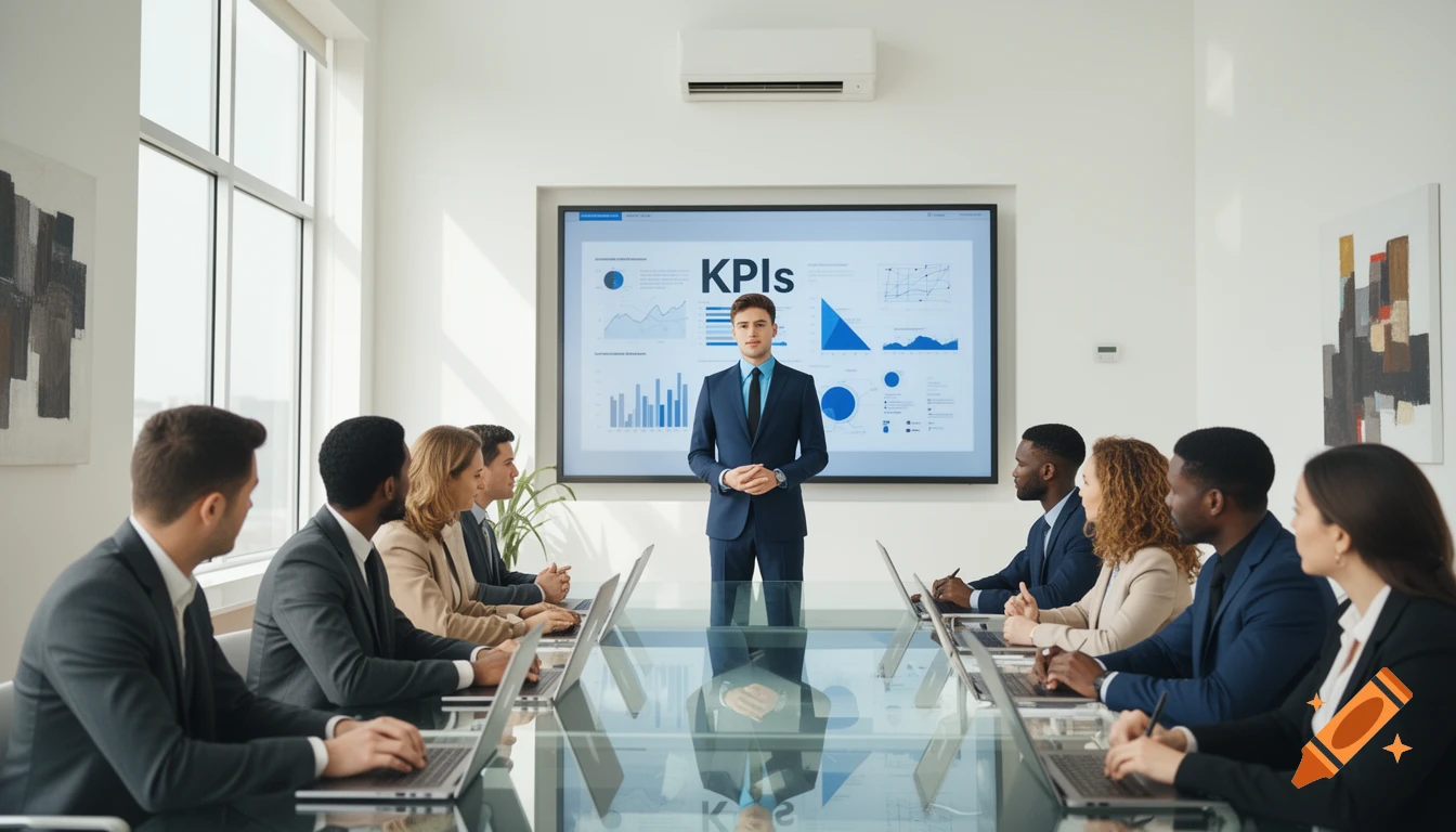 A young man presents KPIs on a large screen to a diverse group of professionals seated at a glass table in a modern office.