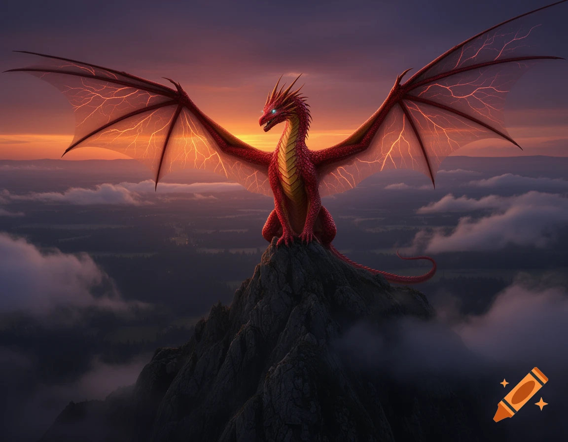 A majestic red dragon with glowing wings perched on a rocky mountain peak above clouds, silhouetted against a vibrant sunset sky.