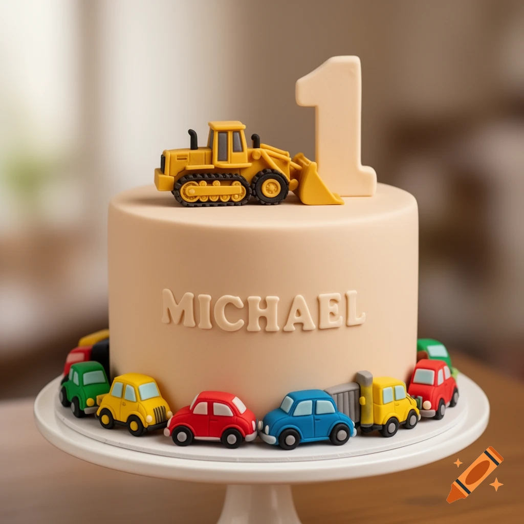 A round beige birthday cake topped with a yellow bulldozer and the number 1, with the name MICHAEL on the side, surrounded by colorful toy cars.
