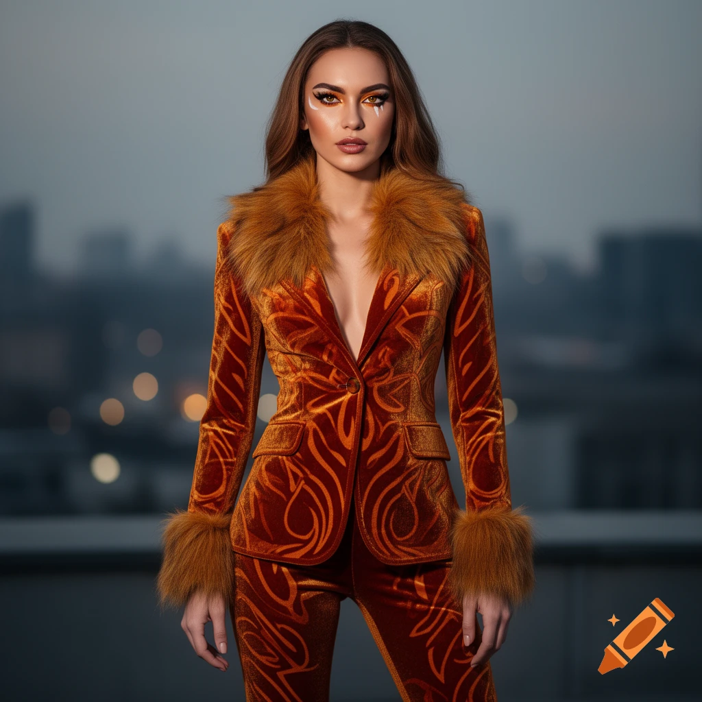 A woman in an orange velvet suit with fur trim and dramatic orange eye makeup stands against a blurred city skyline.