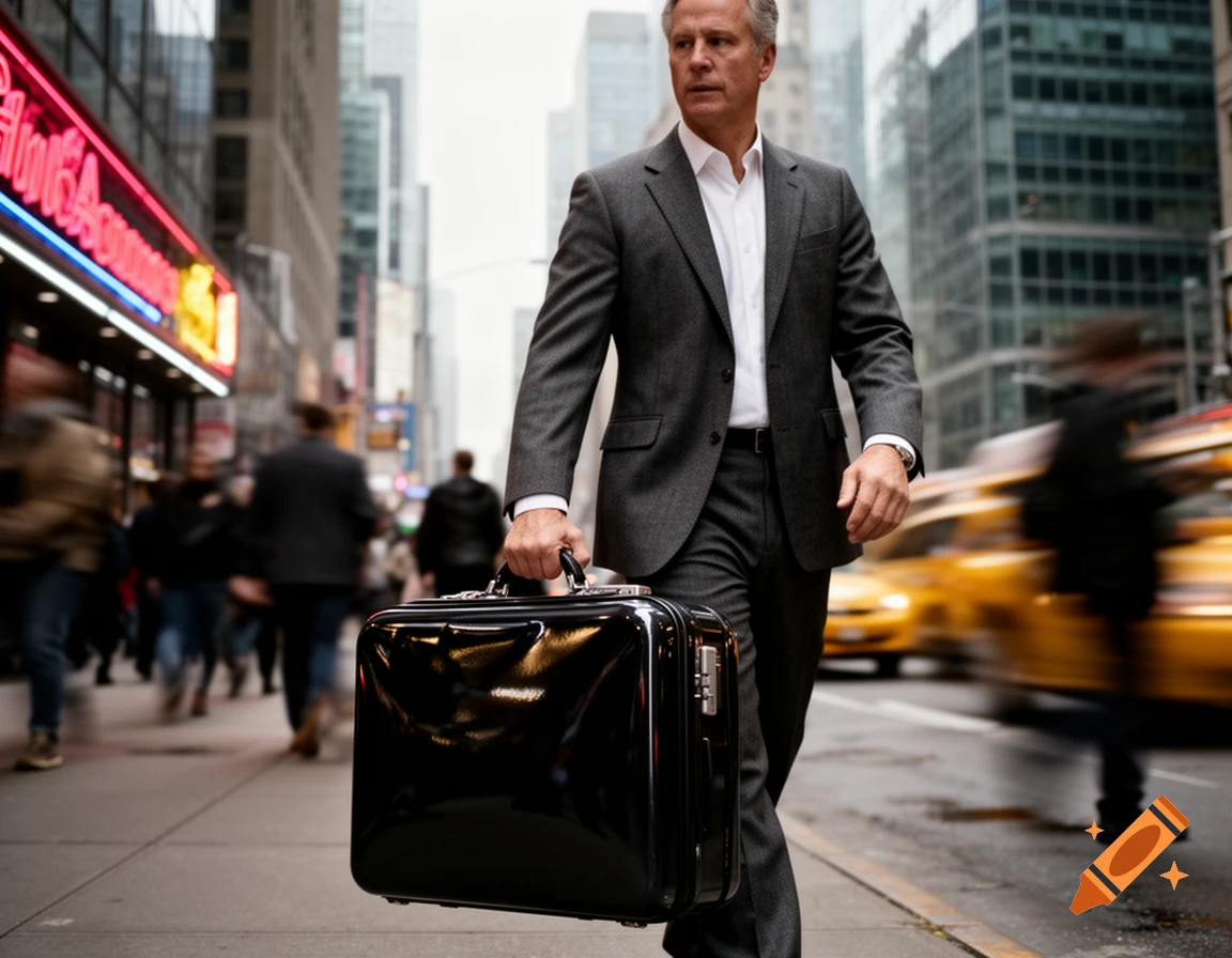 A man in a gray suit carries a black briefcase while walking on a busy city street with blurry motion of people and yellow taxis.