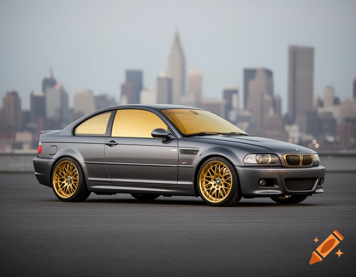 A grey BMW E46 coupe with gold wheels and gold window tint parked on asphalt in front of a city skyline.