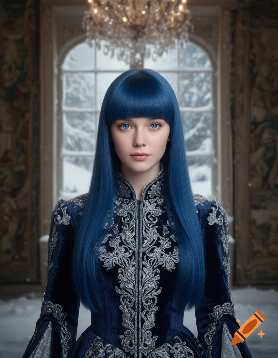 A photorealistic portrait of a woman with long blue hair and blue eyes, wearing an ornate blue and silver dress, in a grand room with a snowy window view.