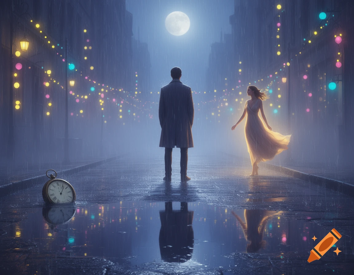 A man and an ethereal woman meet on a rainy street at night, illuminated by a full moon and colorful string lights. An antique clock rests in a puddle.