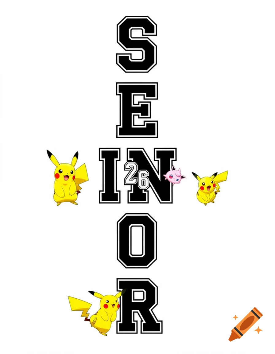 The word "SENIOR" spelled vertically in black varsity letters on a white background, with Pikachu and Jigglypuff around the letters. The "I" is formed by the number "26".