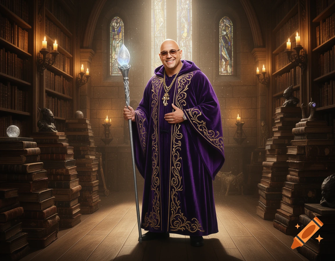 Pitbull the rapper as a wizard, holding a glowing staff in a magical library with stained glass windows.