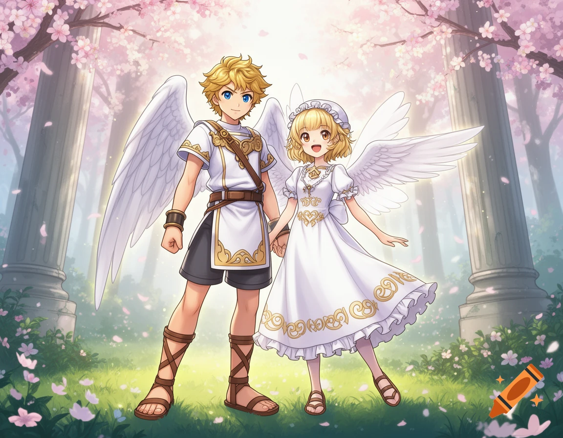Anime-style winged boy and girl holding hands amidst falling cherry blossoms and classical columns.