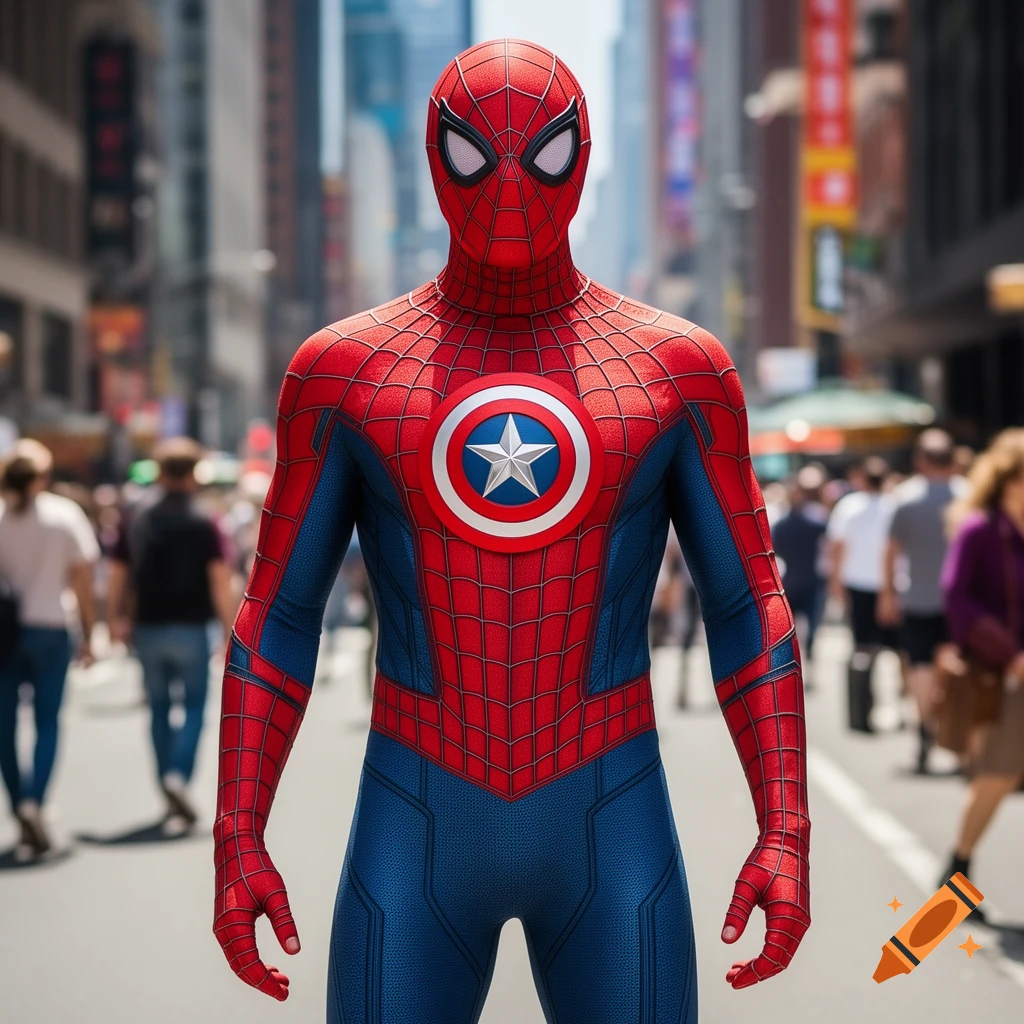 A photorealistic image of Spiderman in a red and blue suit with a Captain America shield emblem on his chest, standing in a busy city street.