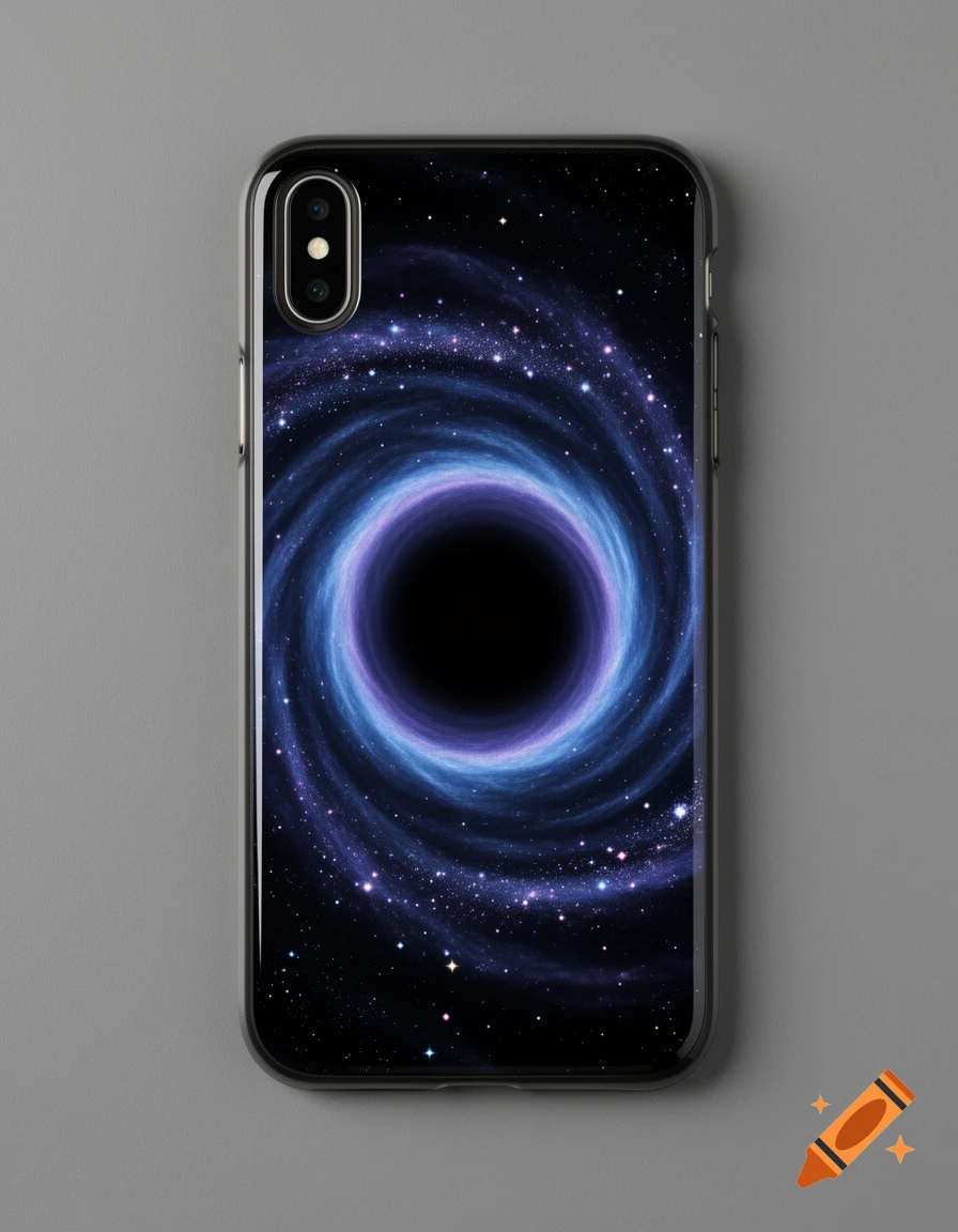 A smartphone in a clear case features a black hole and a vibrant blue and purple nebula design, set against a solid gray background.
