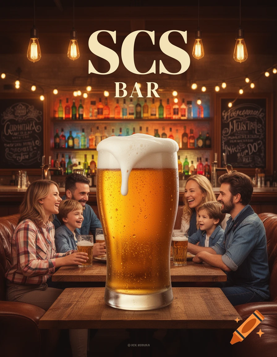 A vibrant, photorealistic bar scene featuring a large, frothy pint of beer in the foreground, with a family happily gathered around a table in the background under "SCS BAR" signage.