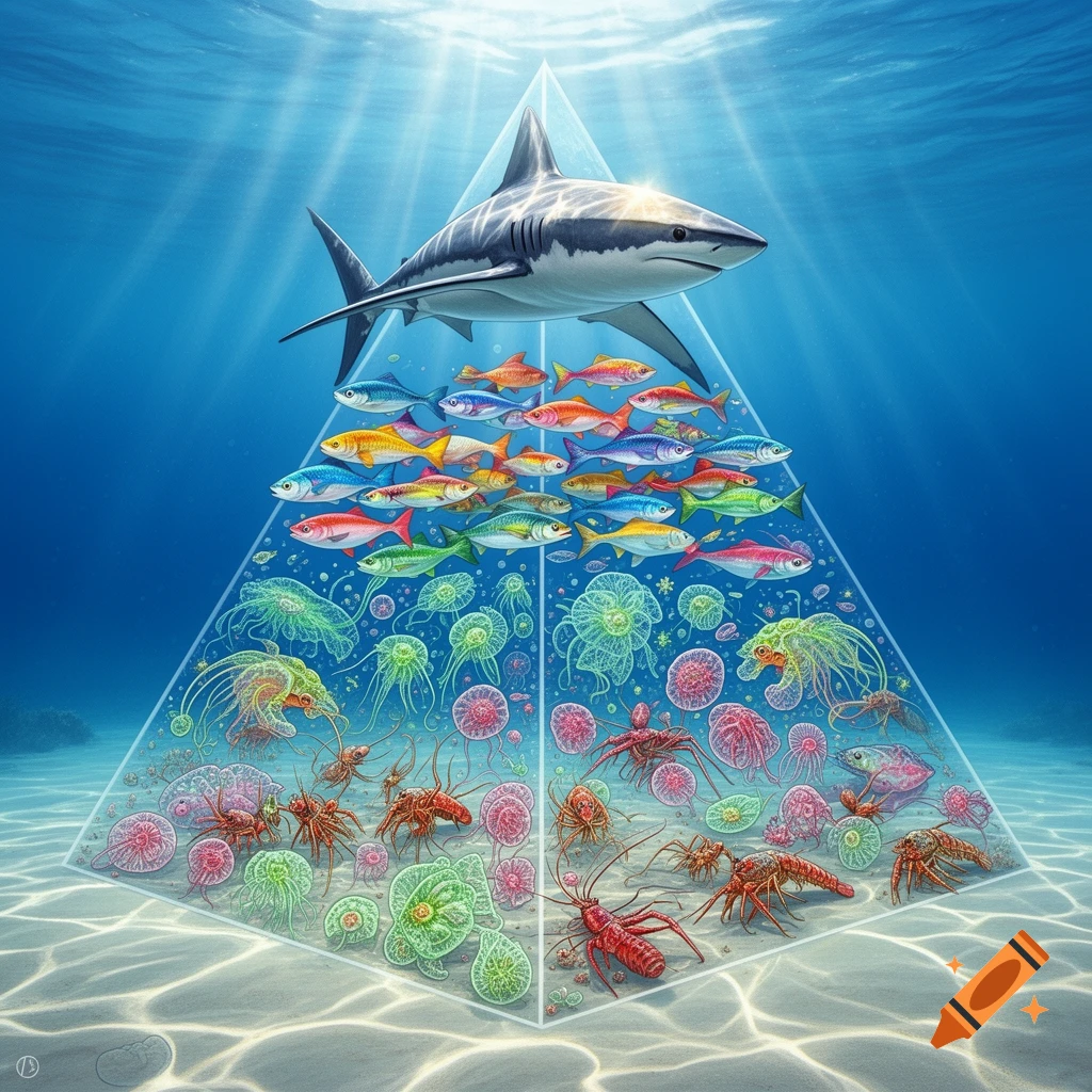 A detailed illustration of a marine food web pyramid underwater, showing a shark atop layers of fish, jellyfish, and crustaceans.