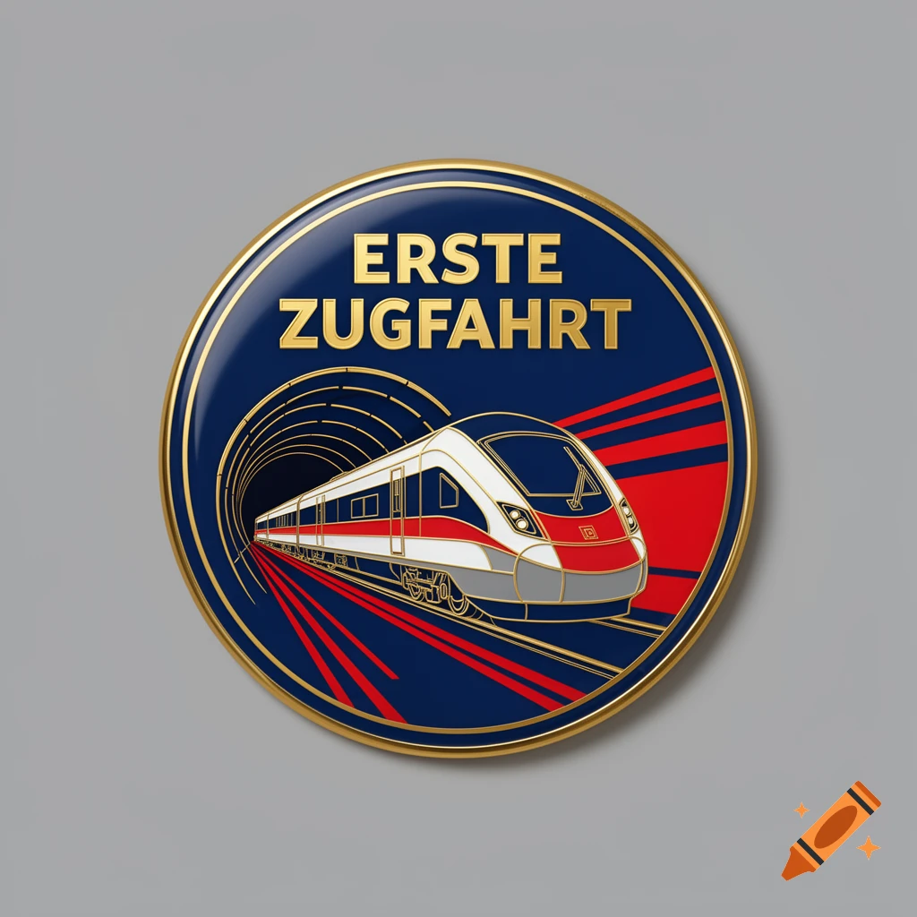 A round explorer badge pin for kids, with a modern train emerging from a tunnel and the text "ERSTE ZUGFAHRT".