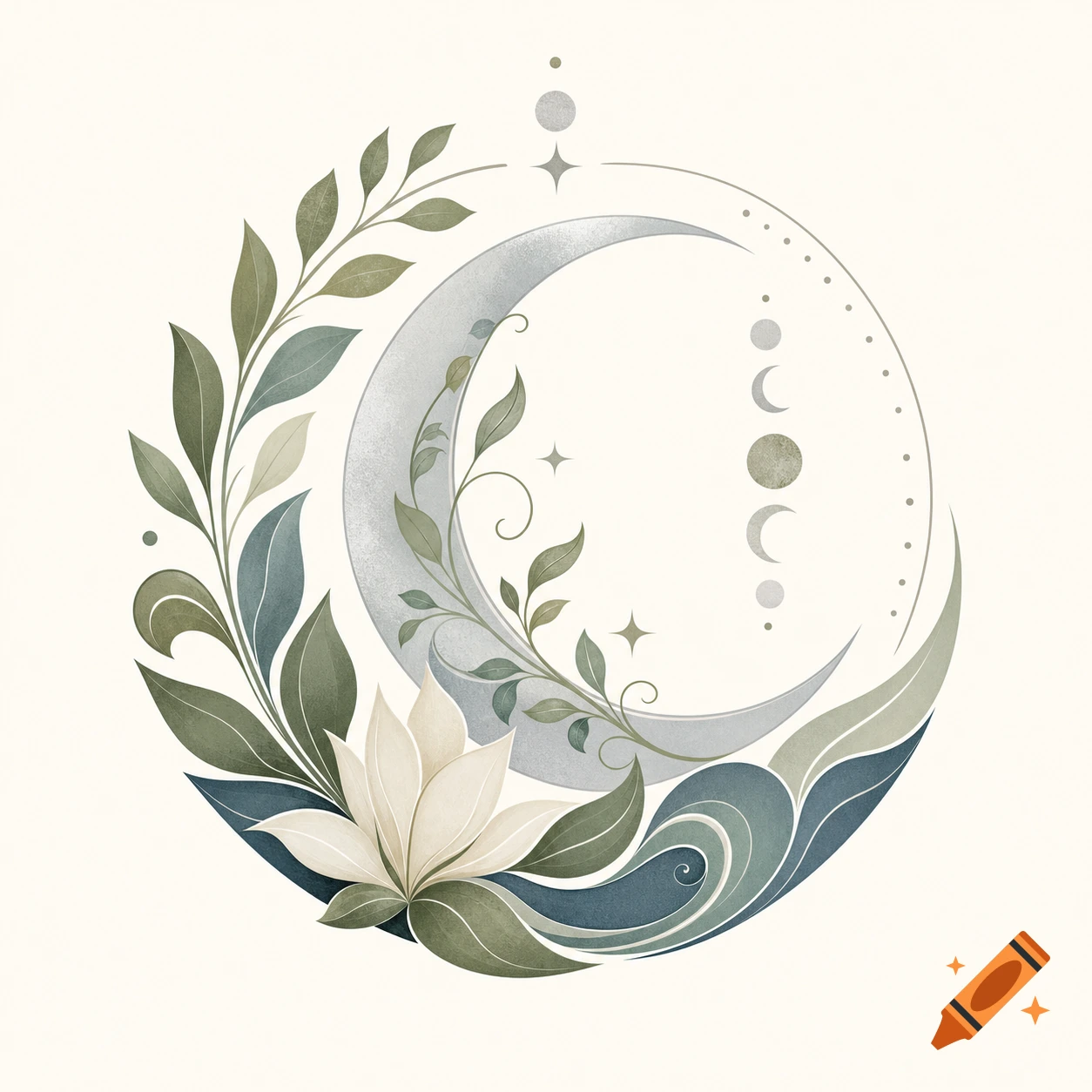 Stylized logo featuring a silver crescent moon, white lotus flower, green leaves, and blue waves on a cream background in a watercolor style.
