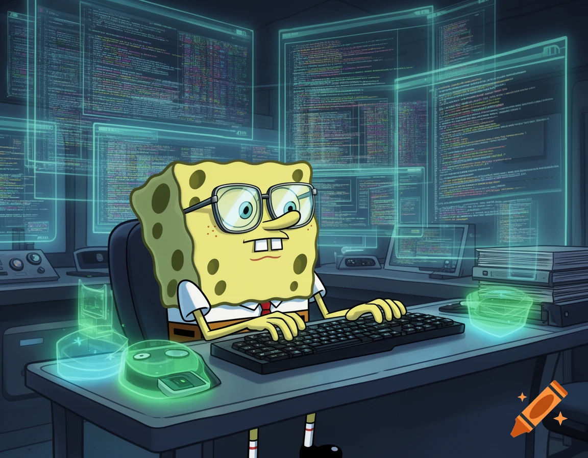 Cartoon Spongebob SquarePants wearing glasses, sitting at a desk with multiple holographic computer screens displaying lines of code.