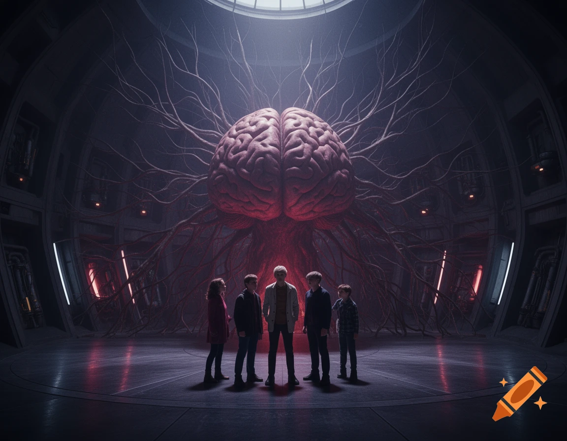 Five figures stand dramatically in a dark, futuristic dome, facing a giant pulsing brain with roots, cinematic style.
