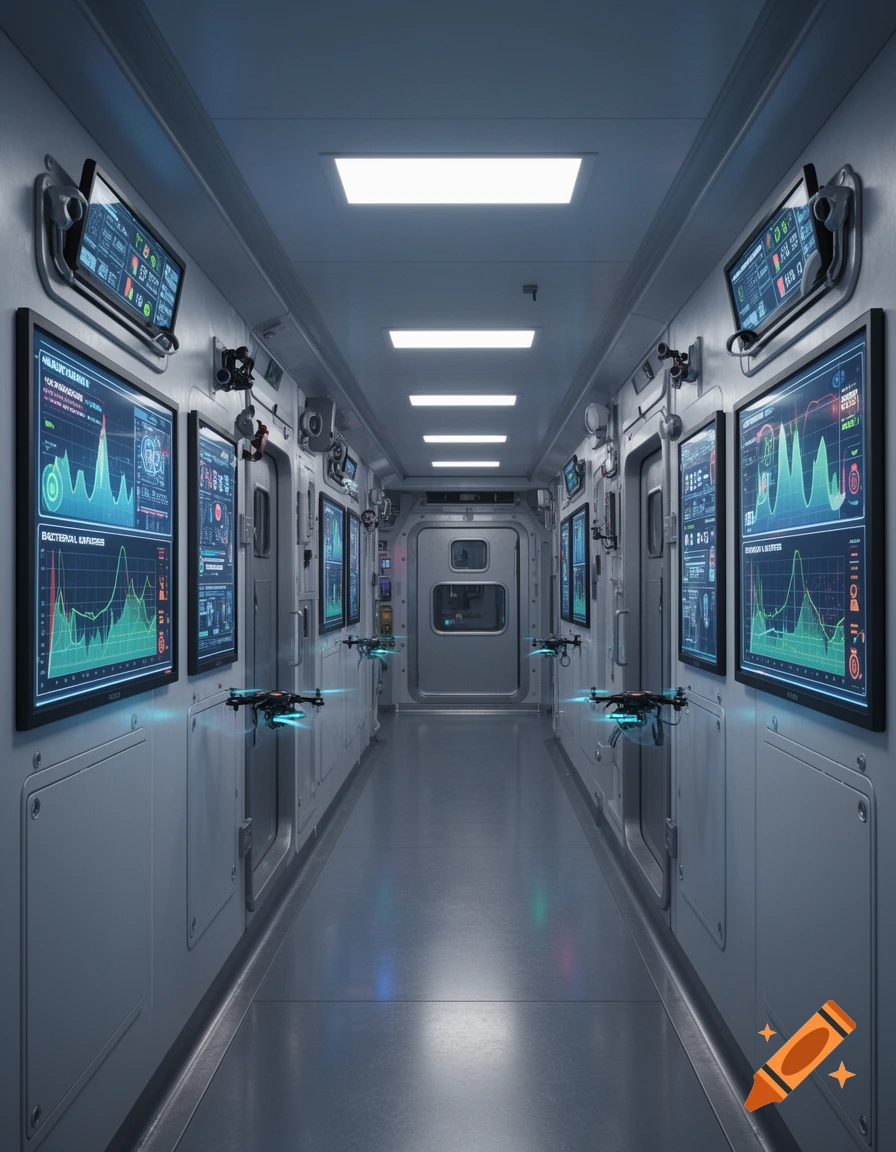 A futuristic, sterile hallway with glowing screens displaying biological data and graphs, floating drones, and a closed door at the end, in a high-tech style.