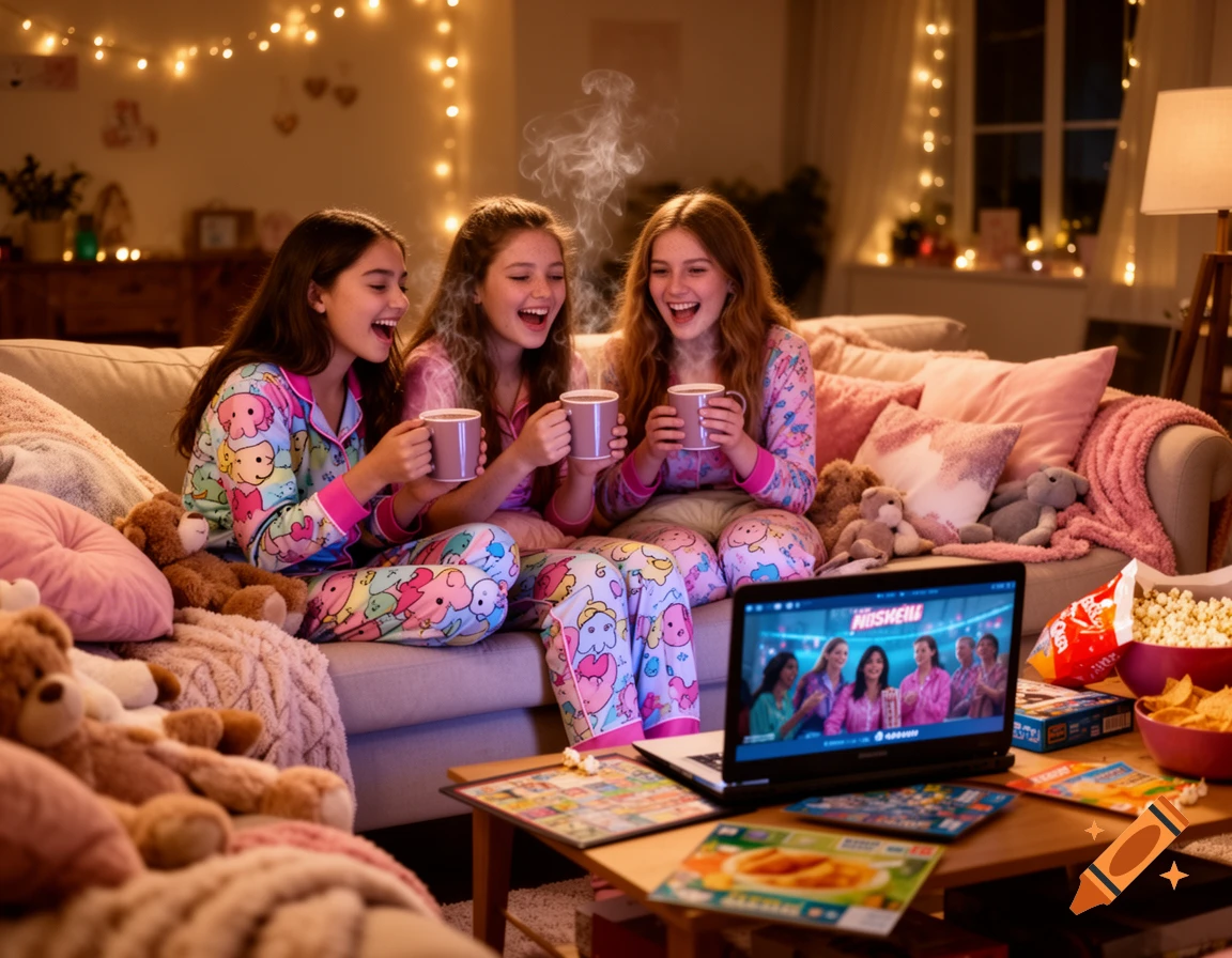 Three smiling girls in colorful pajamas having a sleepover, watching a laptop, drinking from mugs, and eating popcorn in a cozy room decorated with fairy lights.