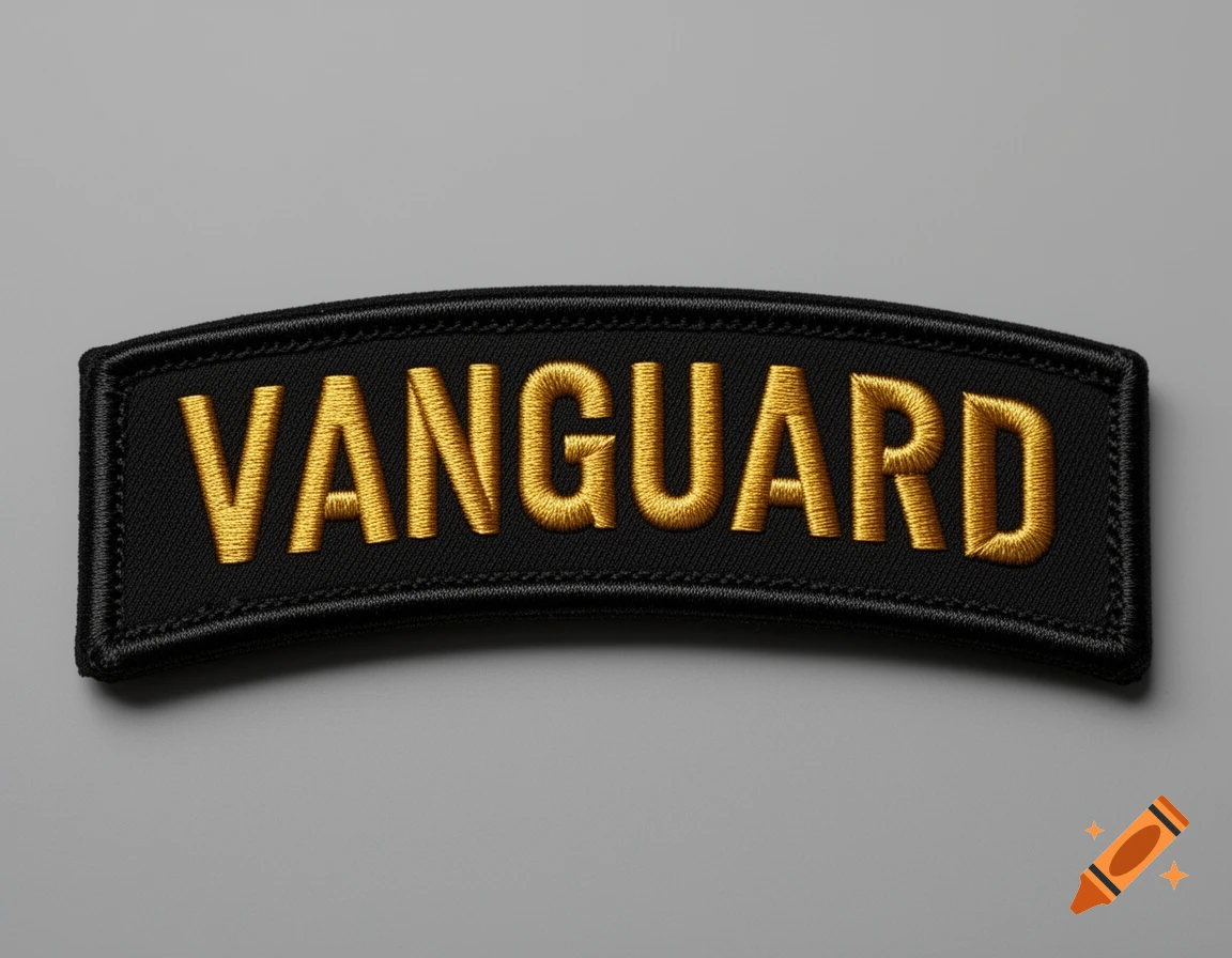 An embroidered black and gold 'VANGUARD' army tab patch on a gray background.