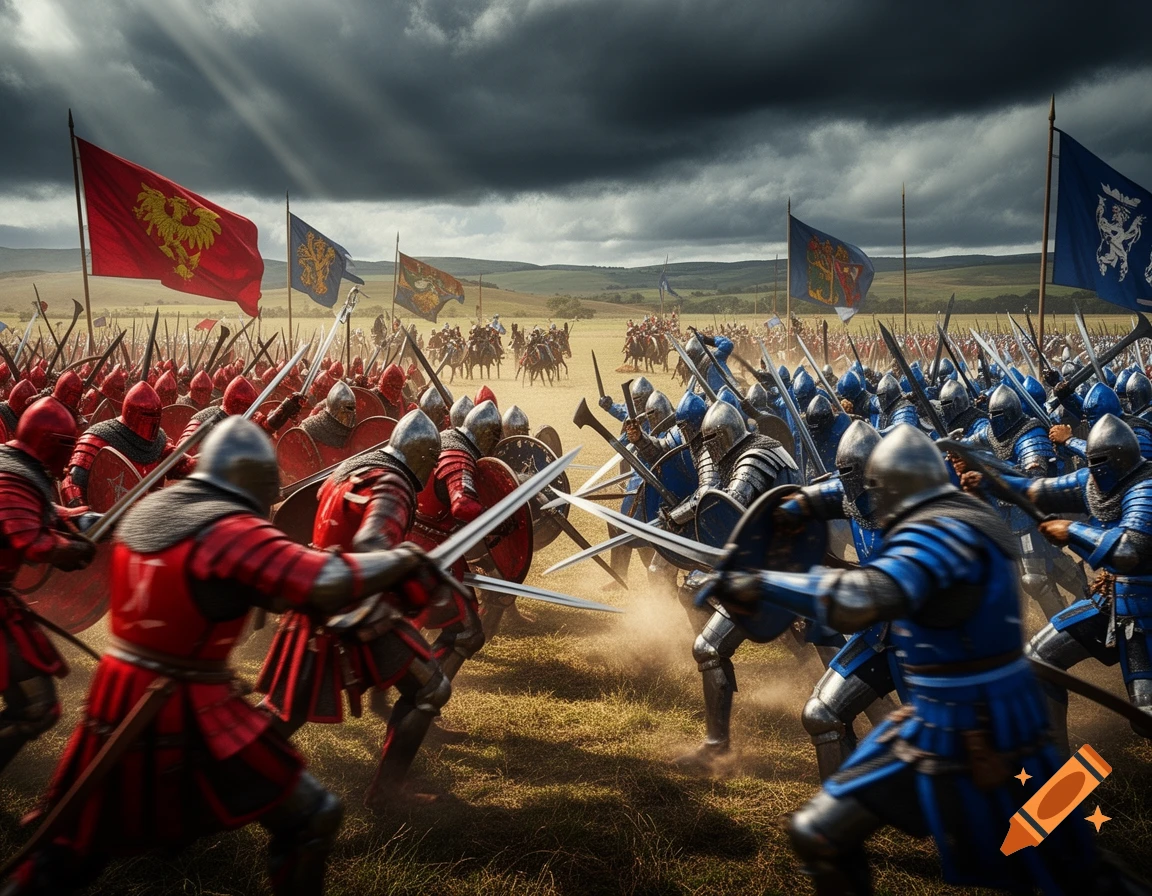 Photorealistic medieval battle between armies in red and blue armor on a field under a dramatic cloudy sky.
