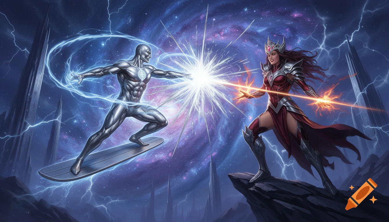 Silver Surfer on his board and a female villain in armor exchange energy beams in a cosmic battle, set against a backdrop of a galaxy and jagged structures.