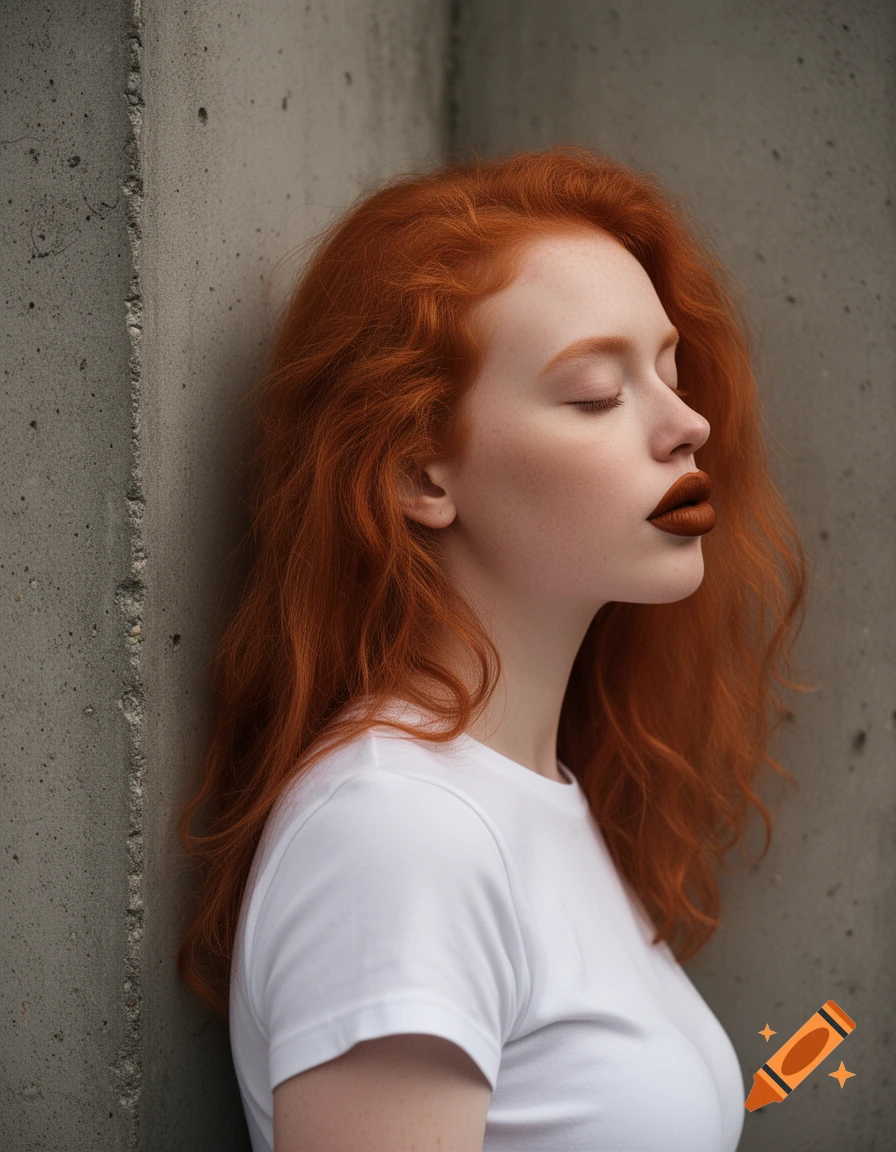 Side profile of a red-haired woman with closed eyes, dark lipstick, wearing a white t-shirt, leaning against a concrete wall.