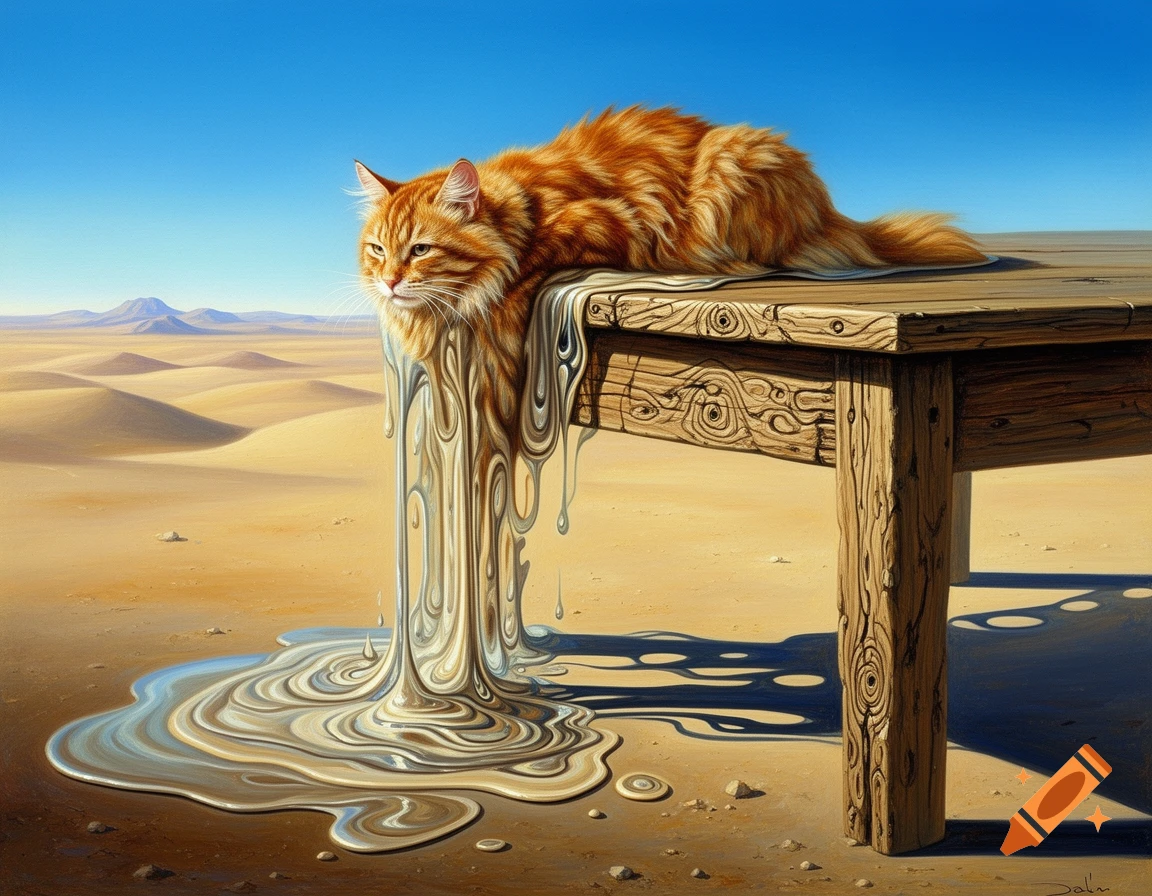 A surrealist painting of a ginger cat melting over the edge of a wooden table in a desert landscape.