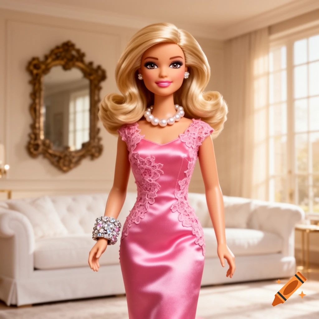 A photorealistic Barbie doll in a pink satin and lace dress, pearl necklace, and sparkly bracelet, standing in a luxurious living room.