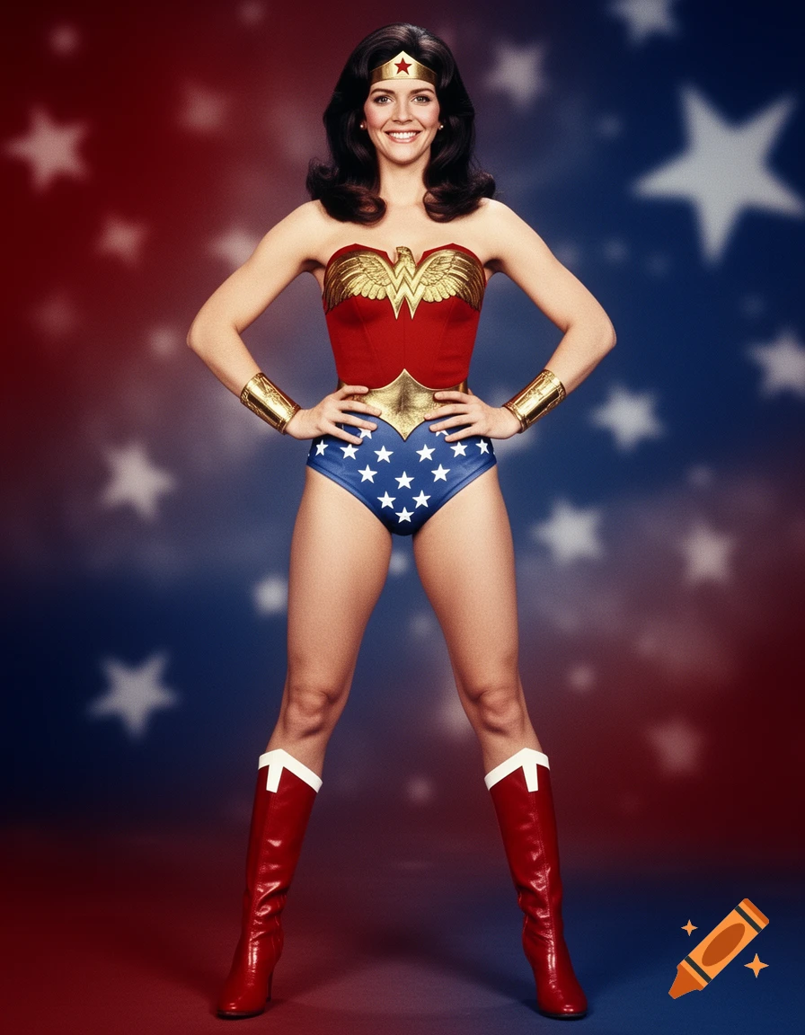 Lynda Carter as Wonder Woman in her iconic costume, hands on hips, smiling, against a star-spangled red and blue background.