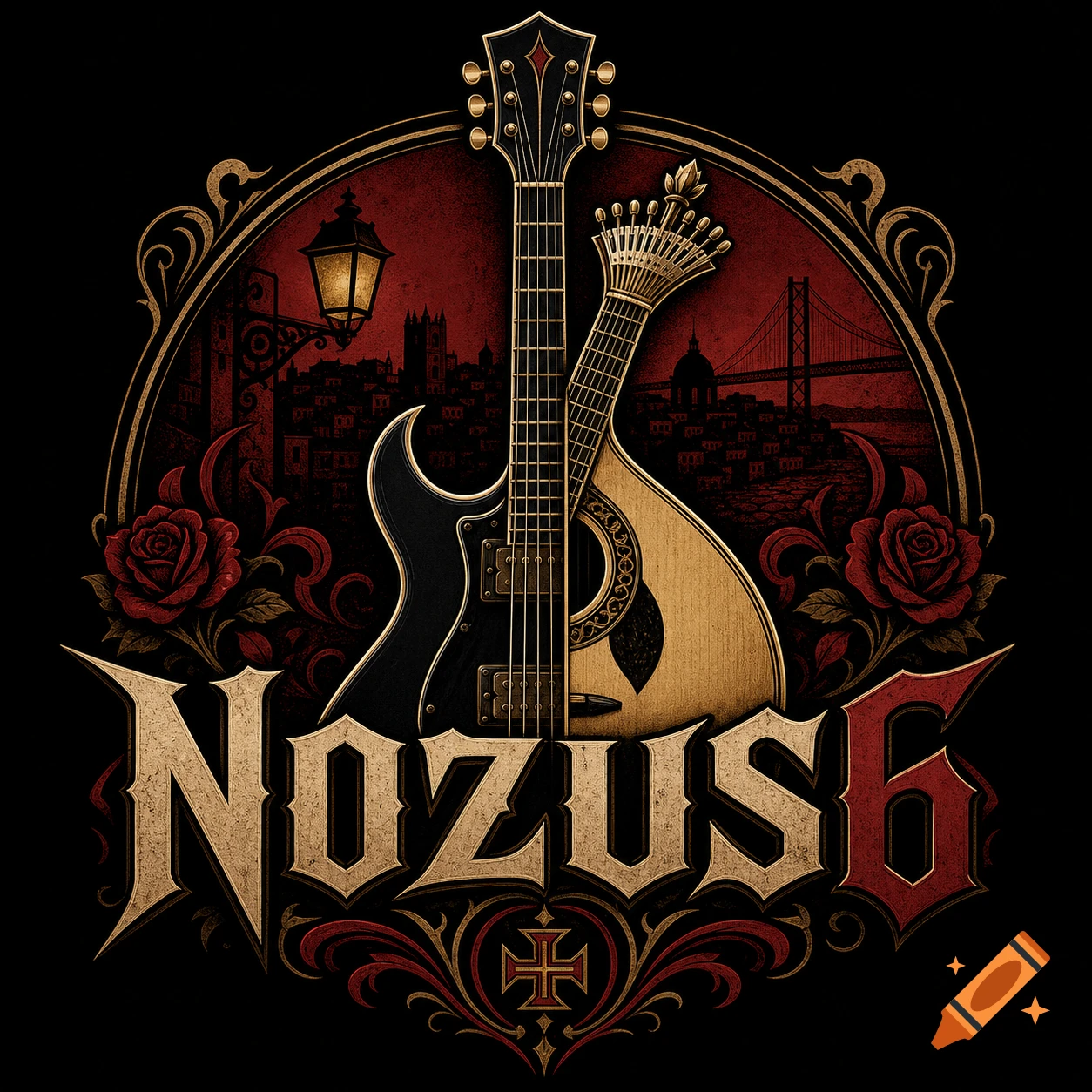 A dark red and gold rock band logo with the text "NOZUS6" in a gothic font, featuring a fusion of an electric guitar and a Portuguese guitar over a cityscape with a bridge and roses.