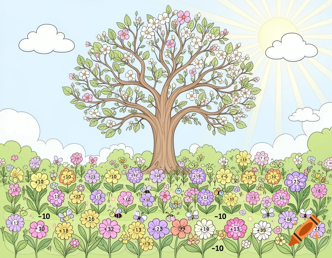 A cartoon illustration of a spring scene with a tree and a field of colorful flowers, many with numbers and math problems like +10 and -10 for a coloring game.