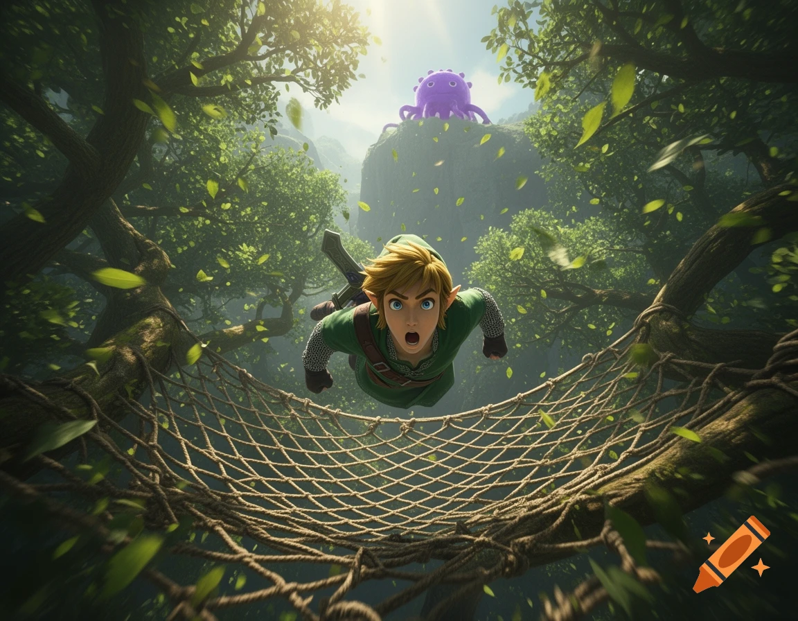 Link, with a surprised expression, falls into a large net in a lush green forest canopy, with a purple Octorok on a distant cliff.