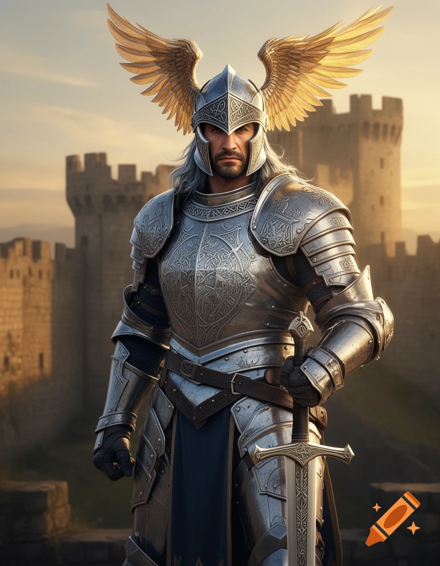 A male paladin in ornate silver armor, with a winged helmet and a sword, stands before a castle at sunset.