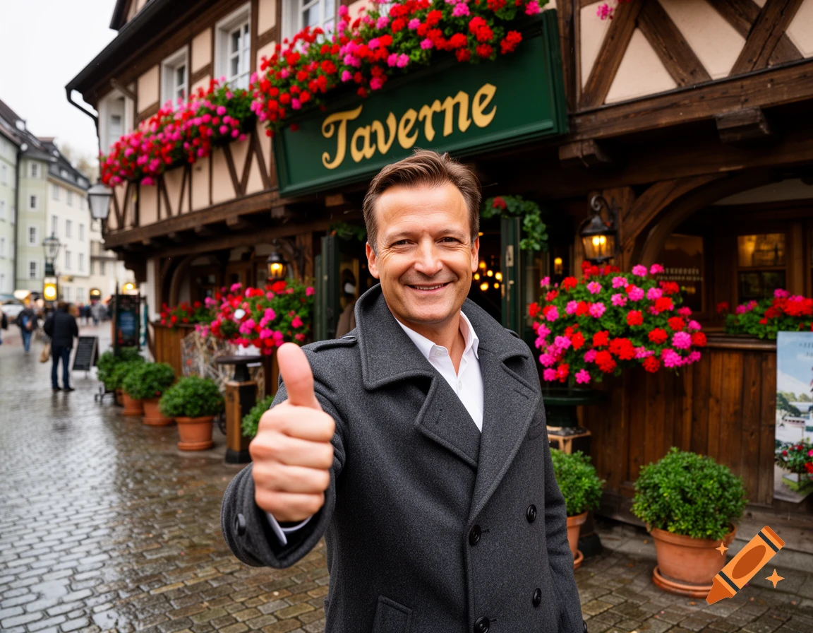 A smiling man in a dark coat gives a thumbs-up in front of a historic building with a "Taverne" sign and red and pink flowers.