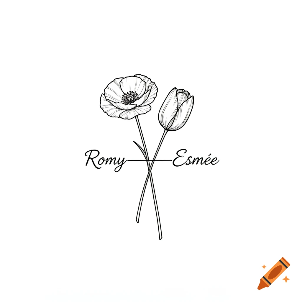 Minimalist black line art tattoo design of a poppy and tulip with crossing stems, featuring the names 'Romy' and 'Esmée'.