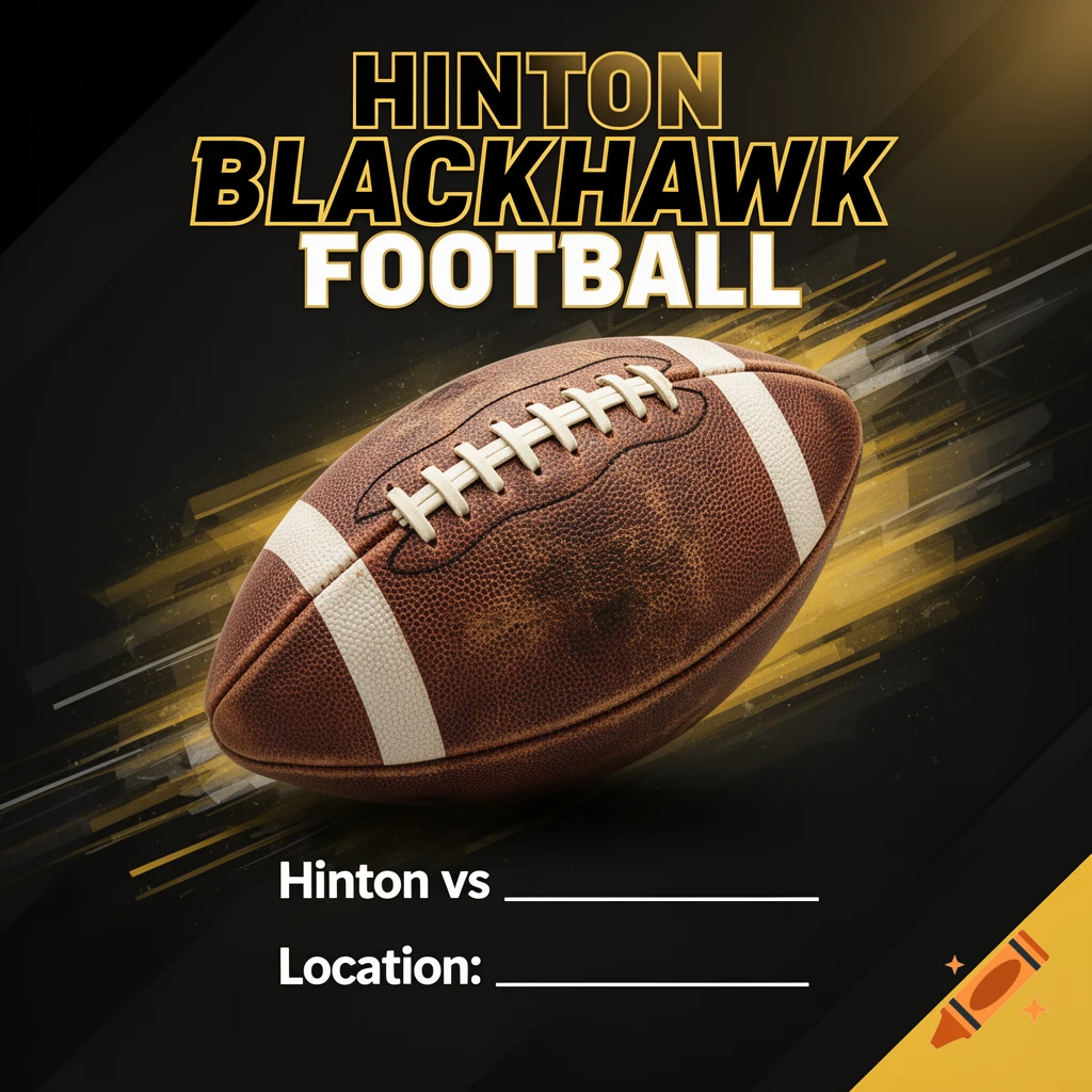 A football game day graphic with a brown football, text "HINTON BLACKHAWK FOOTBALL", "Hinton vs", and "Location" in a black, gold, and white design.