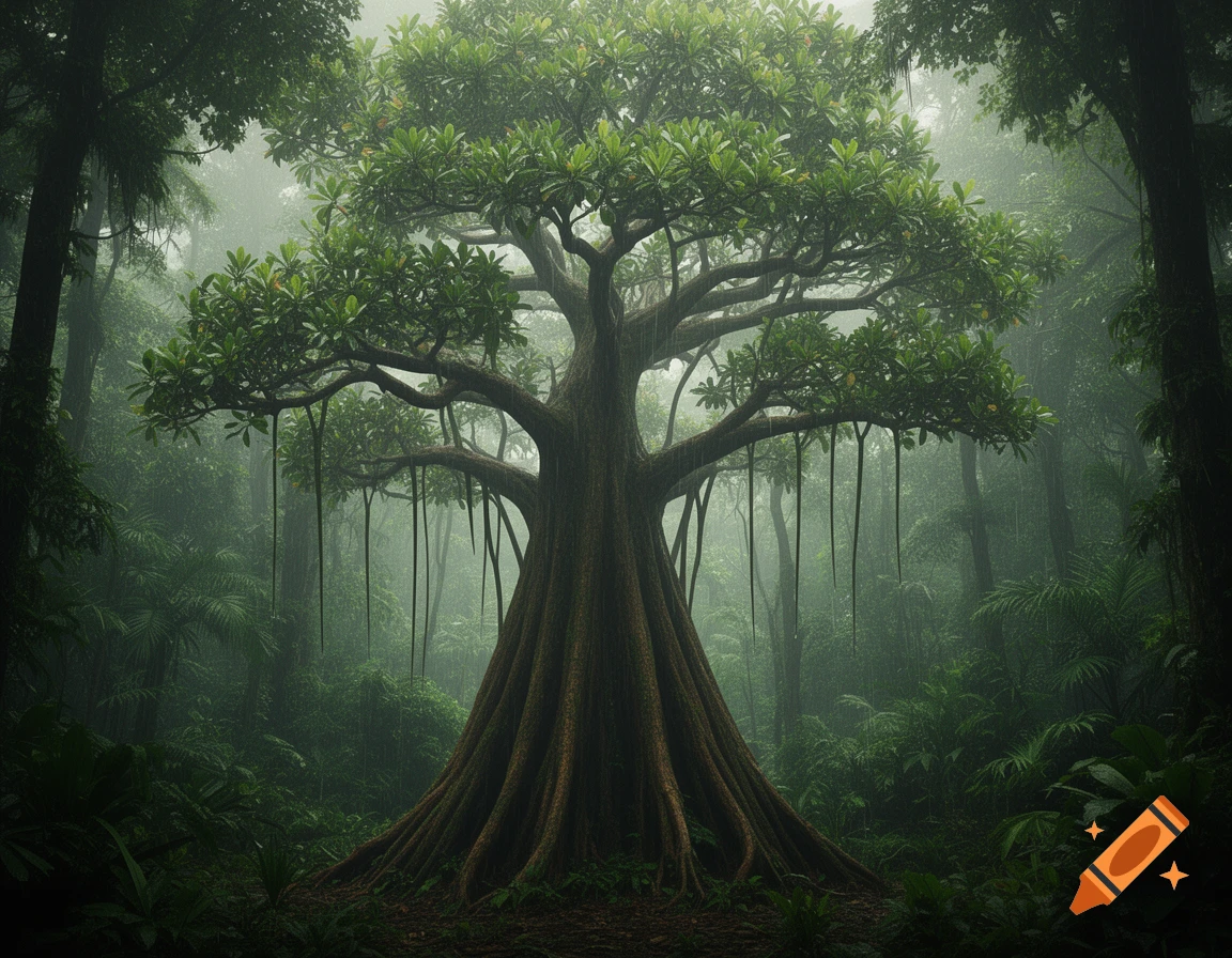 A massive, ancient-looking tree with extensive buttress roots and hanging vines dominates a misty, dense tropical rainforest.