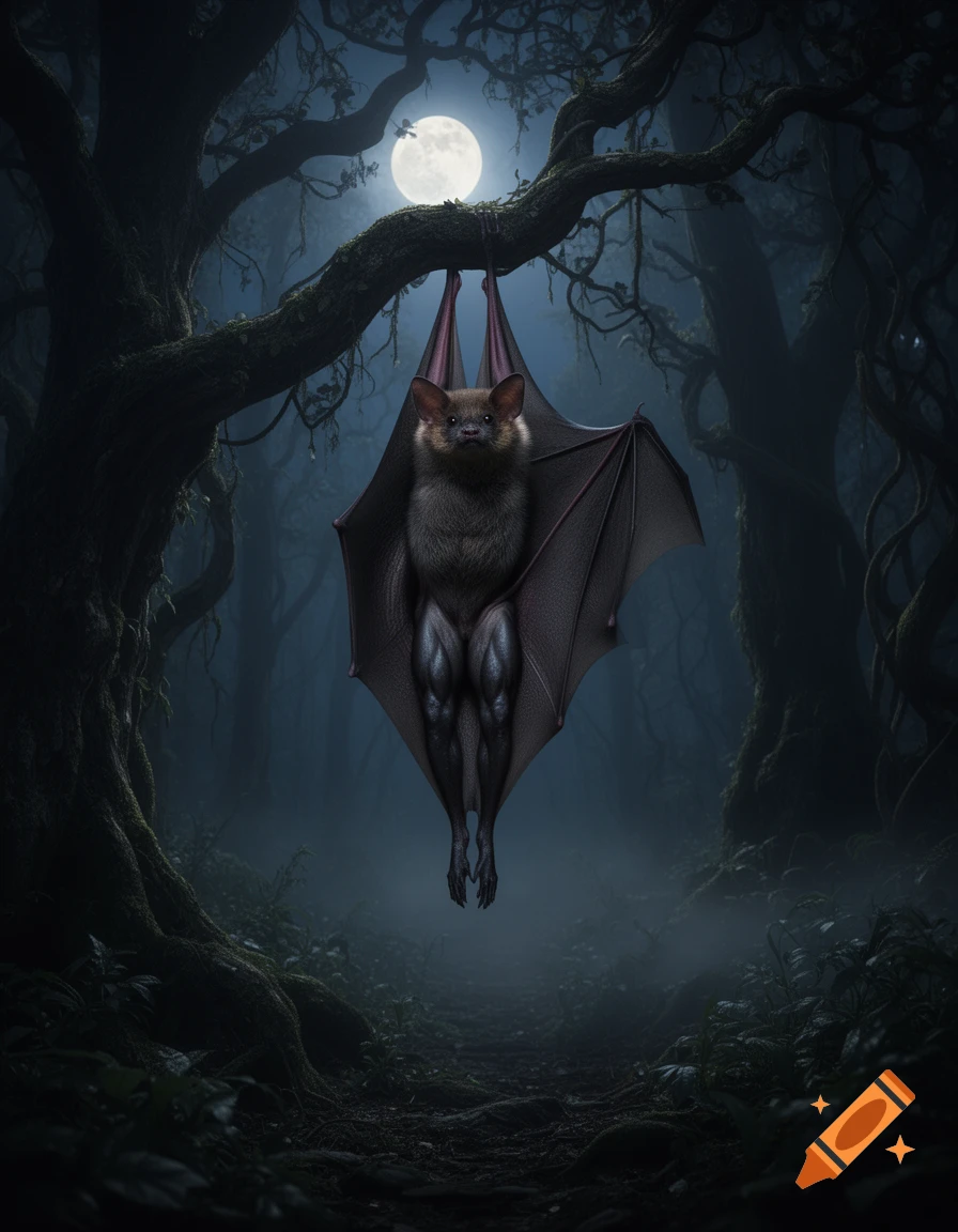 A muscular bat hangs upside down from a tree branch in a dark, misty forest under a full moon, digital art.