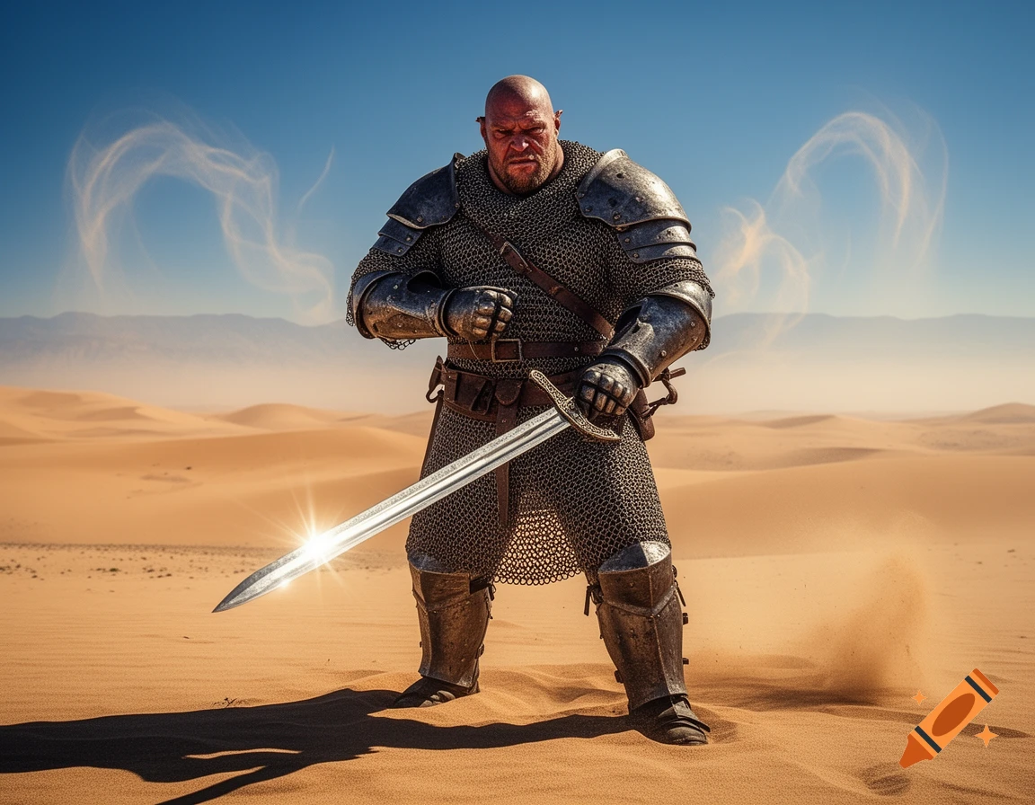 A muscular, bald warrior in chainmail armor holds a shining sword while standing in a vast, sunny desert.