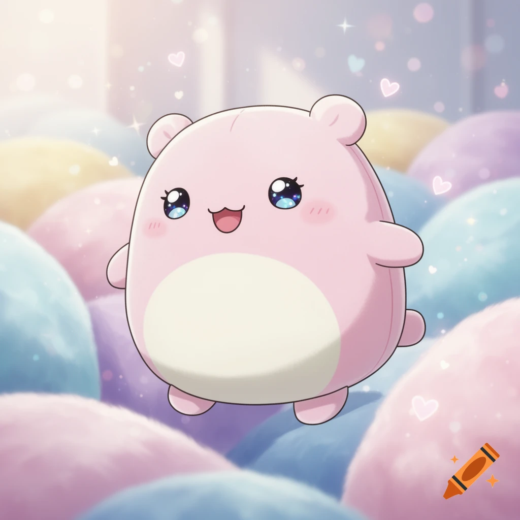 A round, pink, squishy character with big blue sparkly eyes and a happy smile stands amidst pastel-colored, soft mounds.