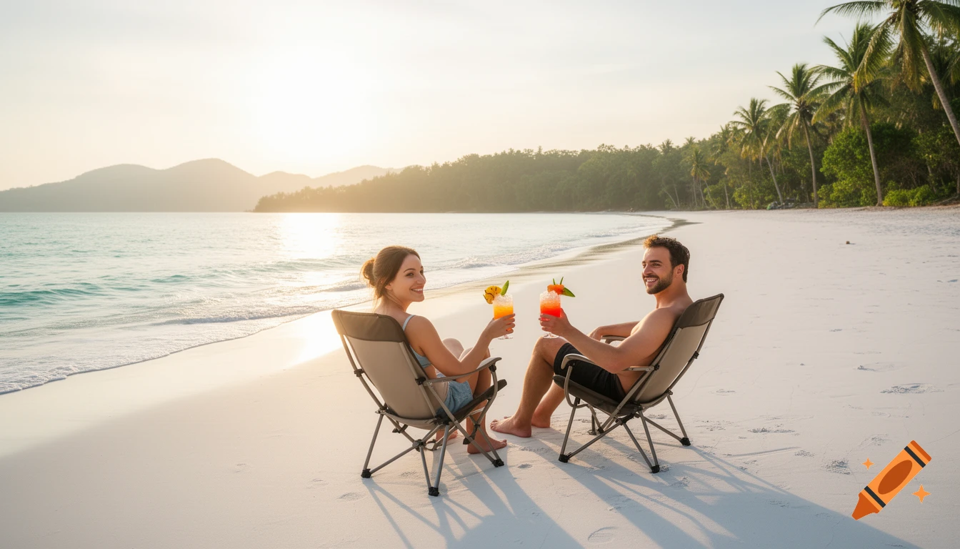 A smiling couple sits in camping chairs on a white sandy beach, drinking cocktails at sunset with palm trees and ocean.